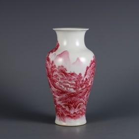 RUBY-RED 'LANDSCAPE WITH DWELLINGS' GUANYIN VASE