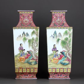 PAIR OF FAMILLE ROSE 'FIGURE SCENES' SQUARE VASES