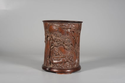 AN ALOESWOOD 'SCHOLAR UNDER PINE' BRUSH POT