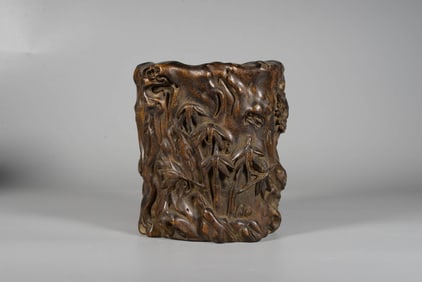 AN ALOESWOOD 'PINE, BAMBOO AND PLUM' BRUSH POT