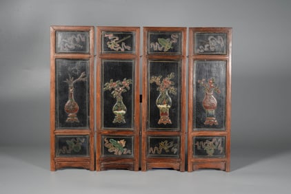 A HUANGHUALI LACQUERED 'ANTIQUES' SCREEN