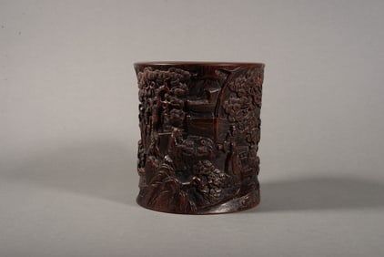 A ROSEWOOD 'LANDSCAPE AND FIGURES' BRUSH POT