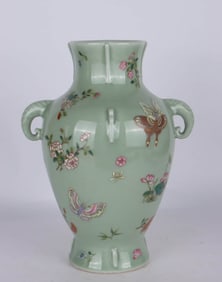 A CELADON-GLAZED FAMILLE-ROSE'BUTTERFLY' JAR