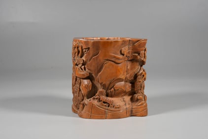 A BOXWOOD 'LANDSCAPE AND FIGURES' BRUSH POT