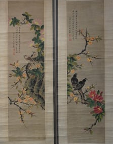 A PAIR OF 'BIRDS AND FLOWERS' HANGING SCROLLS