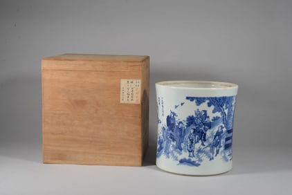 A BLUE AND WHITE 'FIGURE SCENES' LARGE BRUSH POT