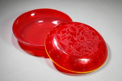 A RED GLASS 'BAT AND POEM' COVERED BOX