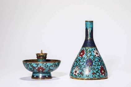 A CLOISONNé ENAMEL 'INTERLOCKING LOTUS' CANDLESTICK