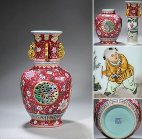 A RUBY RED-GROUND FAMILLE ROSE 'FLOWER AND CRANE' VASE