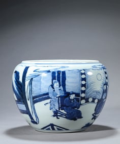 A BLUE AND WHITE 'FIGURE SCENE' JAR