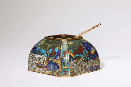 A CLOISONNé ENAMEL 'FIGURE' SQUARE WATERPOT