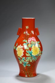 A CORAL-RED GROUND FAMILLE ROSE 'FLORAL AND POEM' VASE