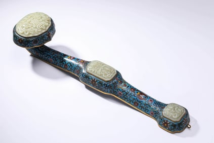 A CLOISONNé ENAMEL JADE-INLAID 'EIGHT TREASURES' RUYI