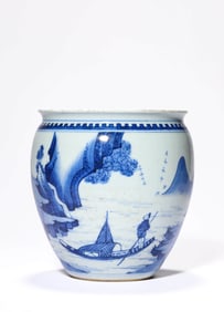 A BLUE AND WHITE 'LANDSCAPE AND FIGURE SCENE' JAR