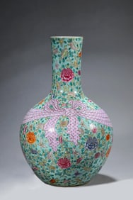 A FAMILLE ROSE 'FLOWER AND BUTTERFLY' GLOBULAR VASE