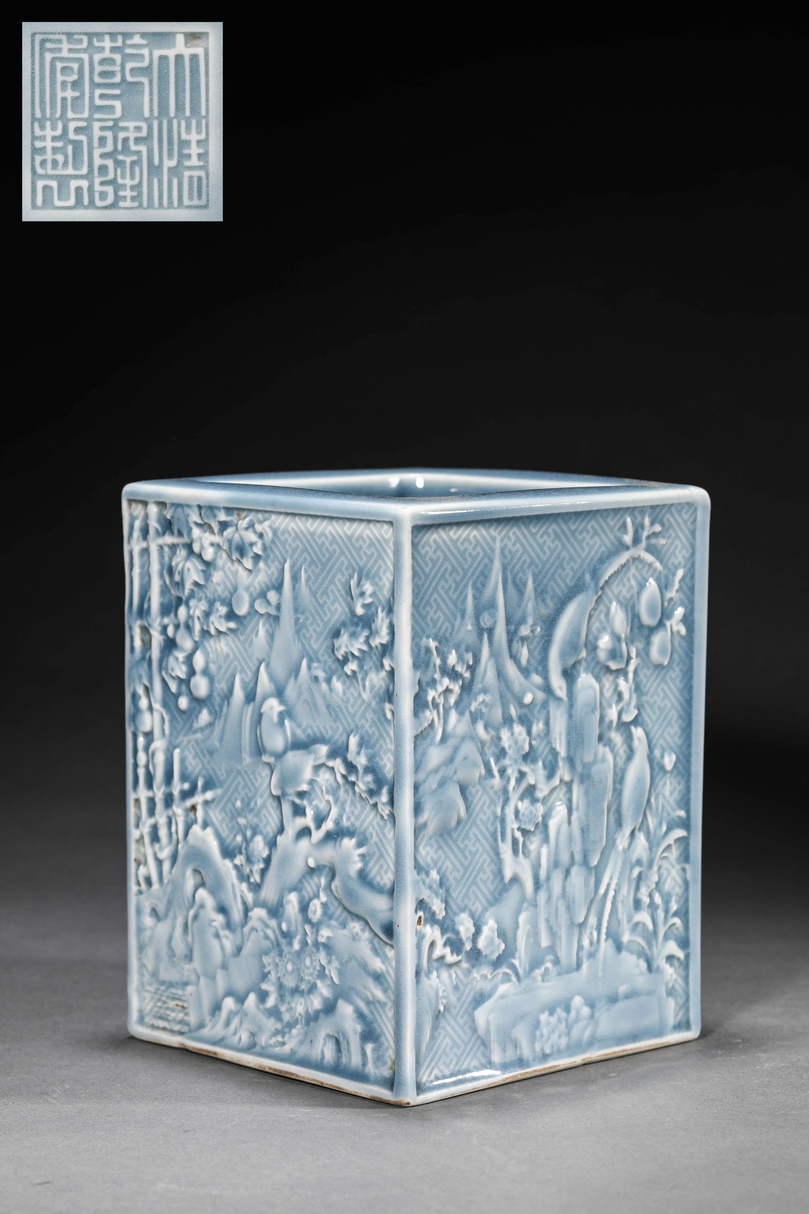 A BLUE GLAZED 'FLOWERS AND BIRDS' BRUSH POT (1 of 7)
