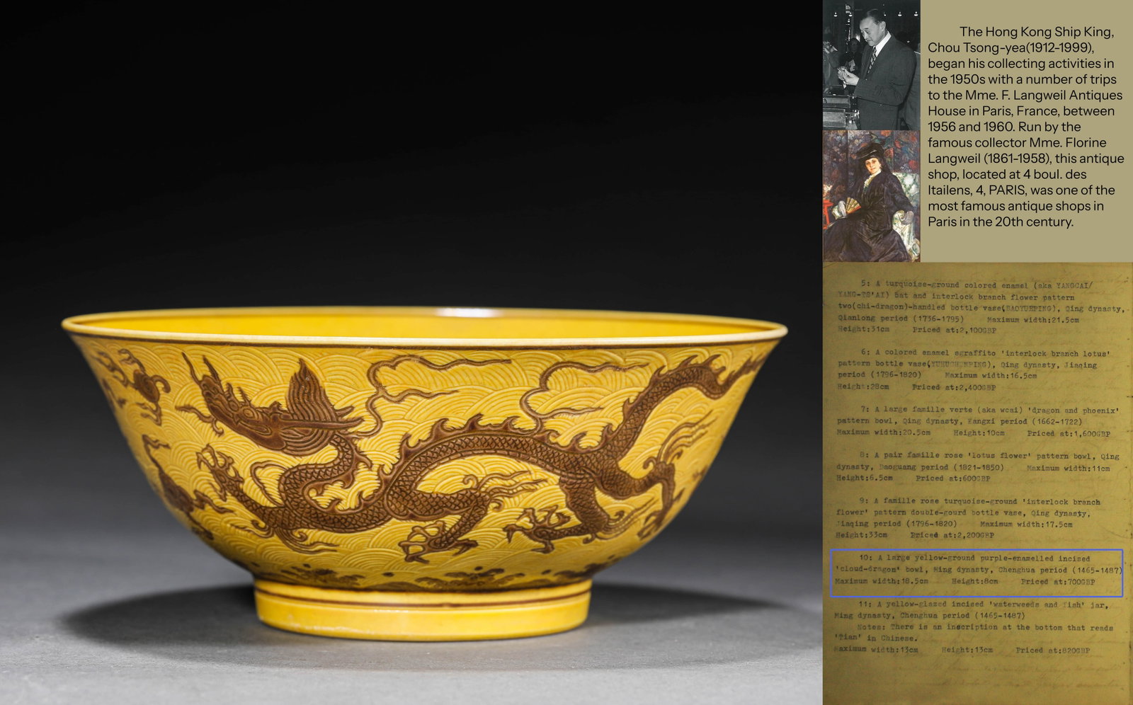 A YELLOW-GROUND PURPLE INCISED 'CLOUDS AND DRAGON' LARGE BOWL: A YELLOW-GROUND PURPLE INCISED 'CLOUDS AND DRAGON' LARGE BOWL Dimensions: Width: 18.5 cm (7.3 in.), Height: 8 cm (3.1 in.). All measurements are approximate. Any condition statement is given as a cour