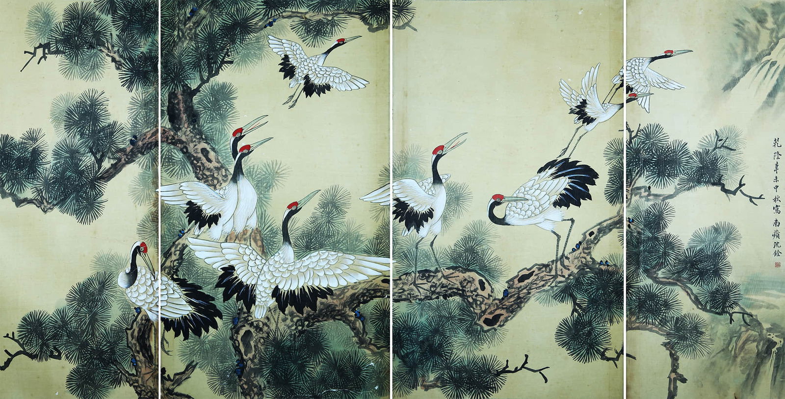 SHEN QUAN (ACTIVE 17TH C.), ATTRIBUTED TO, PINE AND CRANE FOR SHOU: SHEN QUAN (ACTIVE 17TH C.), ATTRIBUTED TO, PINE AND CRANE FOR SHOU Dimensions: Length: 74 cm (29.1 in.), Width: 146 cm (57.5 in.). All measurements are approximate. Any condition statement is given as