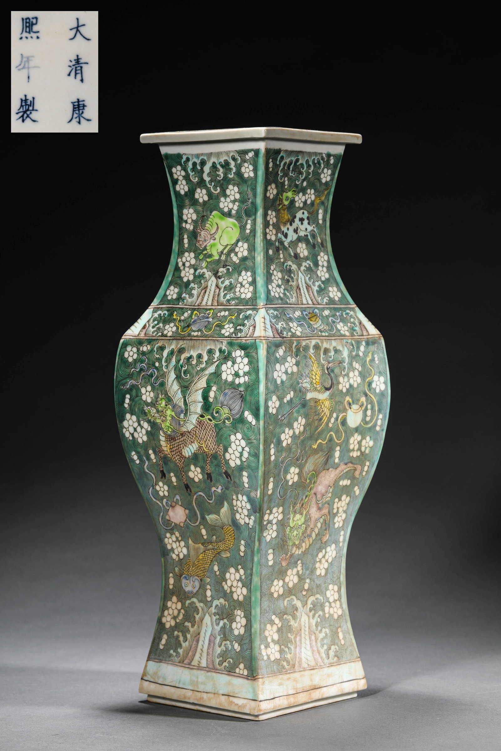 A WUCAI SQUARE VASE: A WUCAI SQUARE VASE Dimensions: Width: 15 cm (5.9 in.), Height: 43 cm (16.9 in.). All measurements are approximate. Any condition statement is given as a courtesy to a client, is only an opinion and s