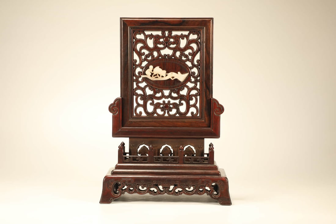 A HUANGHUALI WITH JADE 'MONKEY OFFERING PEACH' TABLE SCREEN (1 of 9)