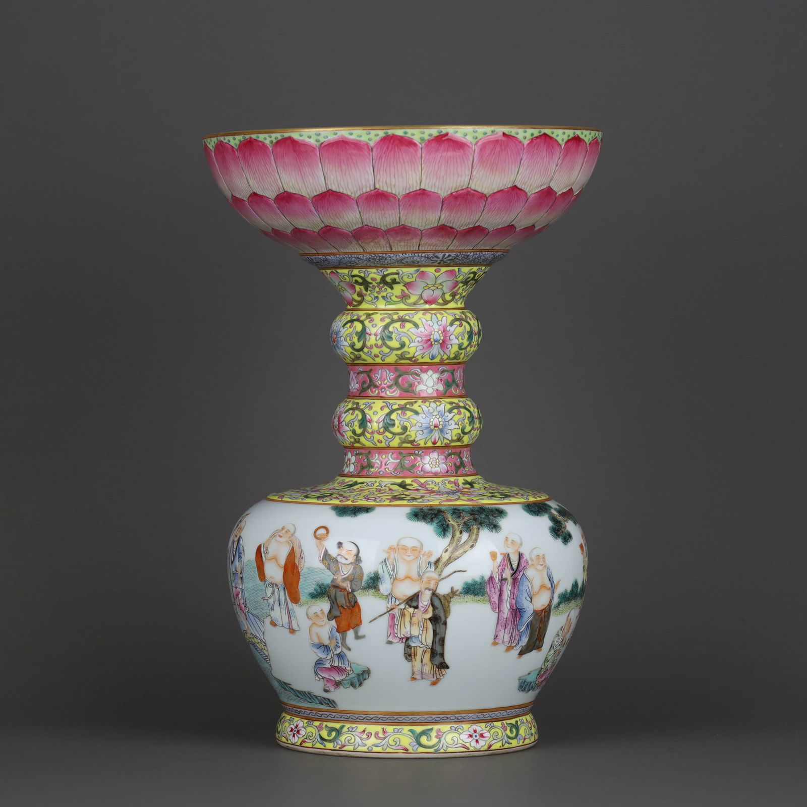 A FAMILLE ROSE 'EIGHTEEN ARHATS' LOTUS-MOUTHED SHAPED VASE (1 of 9)