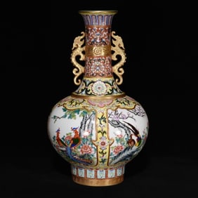 AN ENAMEL 'FLOWERS AND BIRDS' VASE