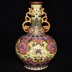 A BLUE-GLAZED ENAMEL 'LANDSCAPE' REVOLVING GOURD-SHAPED VASE