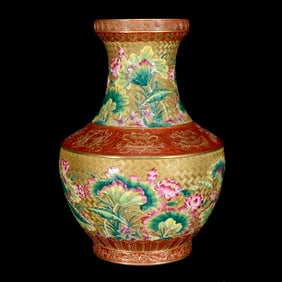 A GILT ENAMEL WITH RELIEF 'MANDARIN DUCKS' VASE