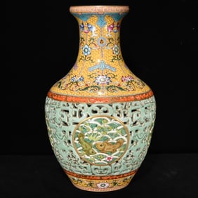 A CELADON-GLAZED ENAMEL 'FISH' VASE