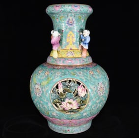 AN ENAMEL 'LOTUS' VASE