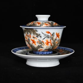 AN ENAMEL 'LOTUS' COVERED BOWL
