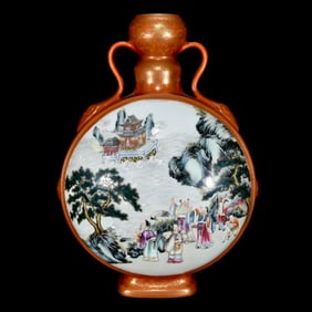 A CORAL-RED GROUND FAMILLE ROSE WITH GILT 'FIGURE' MOONFLASK