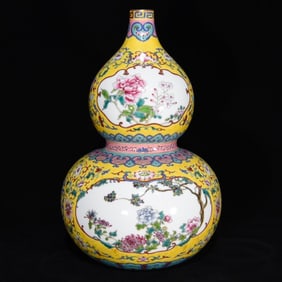 AN ENAMEL 'FLOWERS AND BIRDS' GOURD-SHAPED VASE