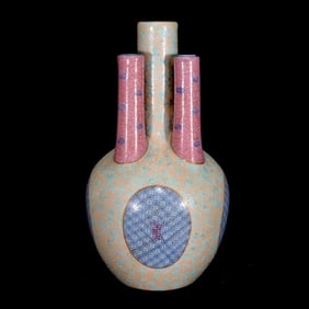 AN ENAMEL 'SHOU' FIVE-TUBE VASE