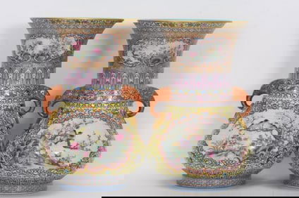 A PAIR OF ENAMEL MEDALLION 'FLOWERS AND BIRDS' VASE