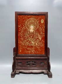 A DING GUANPENG 'THANGKA' HONGMU WITH PORCELAIN PANEL ALTAR STAND