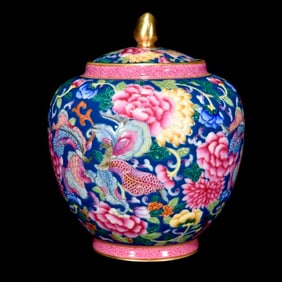 AN ENAMEL 'FLOWERS AND BUTTERFLIES' JAR