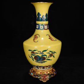 A CLOISONNÉ ENAMEL YELLOW-GLAZED ASNCAI 'FRUITS' VASE