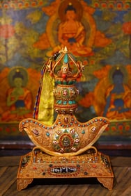 A TIBETAN SILVER CLOISONNÉ VAJRA AXE