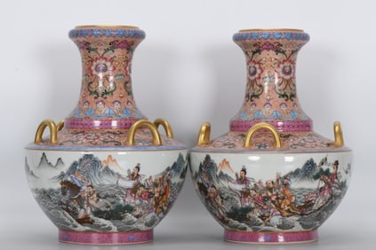 A PAIR OF ENAMEL 'FIGURE' VASE