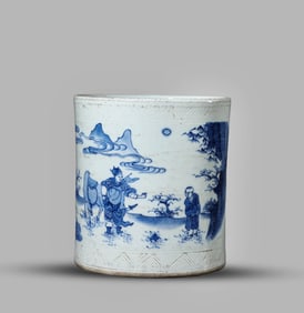 A BLUE AND WHITE 'LANDSCAPE AND FIGURES' BRUSHPOT