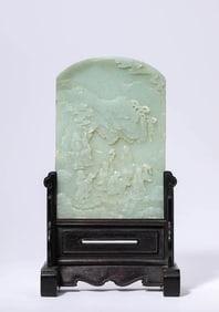 A JADE CARVED FIGURE SCENE TABLE SCREEN