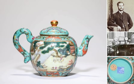 A TURQUOISE-GROUND FAMILLE-ROSE 'FIGURES WITH POEM' TEAPOT