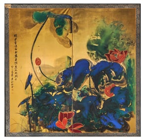 ZHANG DAQIAN (1899-1983), ATTRIBUTED TO, SPLASHED-COLOR LOTUS ON GOLD GROUND