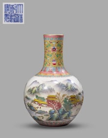 A FAMILLE-ROSE 'LANDSCAPE AND FIGURES' GLOBULAR VASE