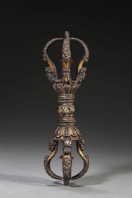 A TIBETAN IRON AND GOLD-INLAID FIVE-PRONGED VAJRA
