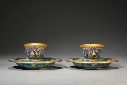 A GROUP OF CLOISONNé ENAMEL 'RESERVED PANEL FIGURE SCENE' CUP STANDS