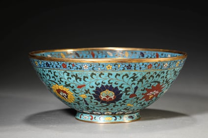 A CLOISONNé ENAMEL 'LOTUS AND DRAGON' LARGE BOWL