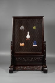 A ROSEWOOD 'BROCADE GROUND WITH GEMSTONE INLAY' TABLE SCREEN