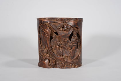 AN ALOESWOOD 'SCHOLAR UNDER PINE' BRUSH POT